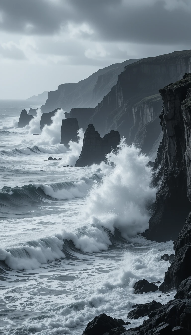 Powerful Ocean Waves Crashing on Rocks - Moody Black and White Seascape Photography