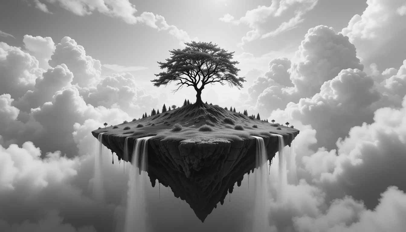Surreal Floating Island with Waterfalls - Monochrome Fantasy Wall Art
