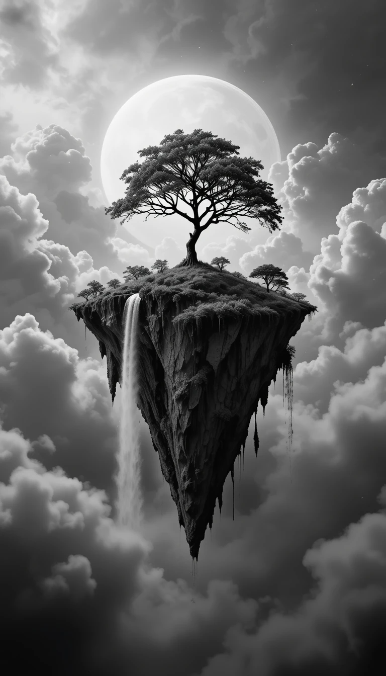 Surreal Floating Island with Waterfalls - Monochrome Fantasy Wall Art