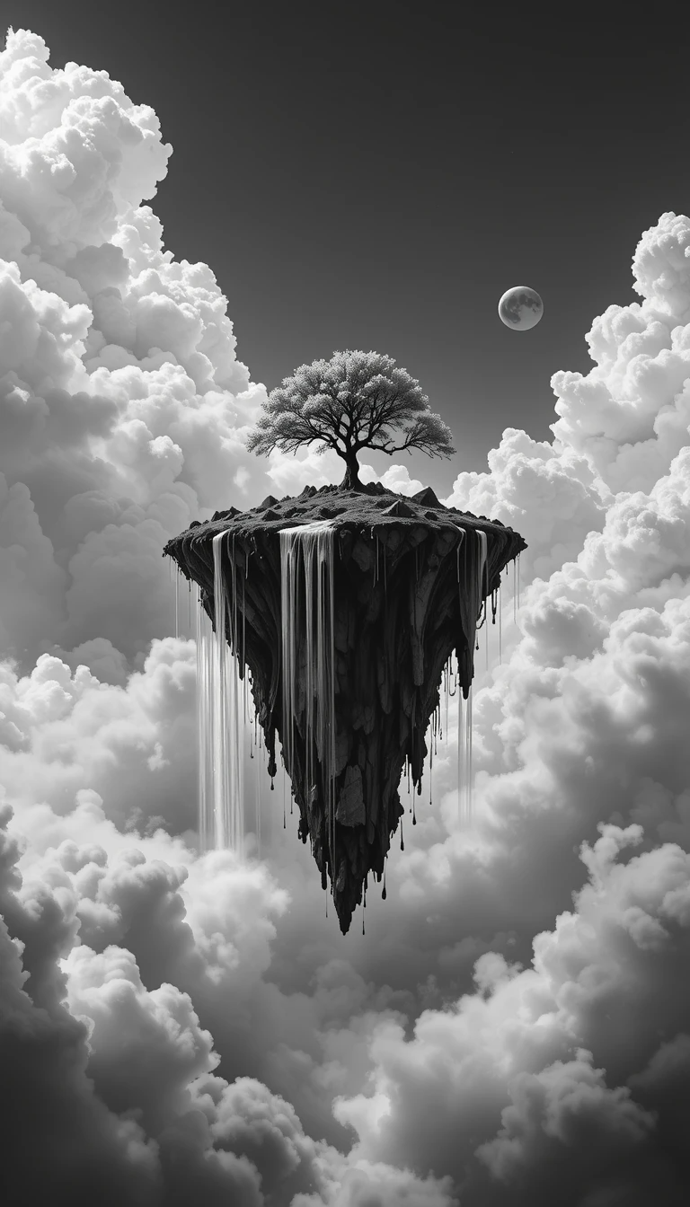 Surreal Floating Island with Waterfalls - Monochrome Fantasy Wall Art