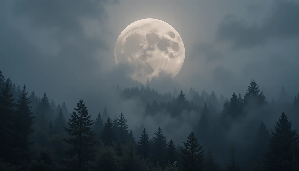 Mystical Full Moon Over Foggy Forest - Black and White Nature Wall Art Print