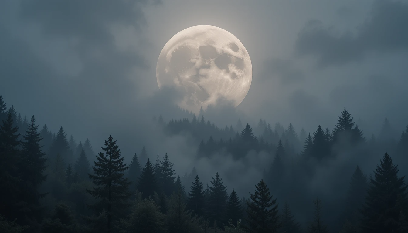 Mystical Full Moon Over Foggy Forest - Black and White Nature Wall Art Print