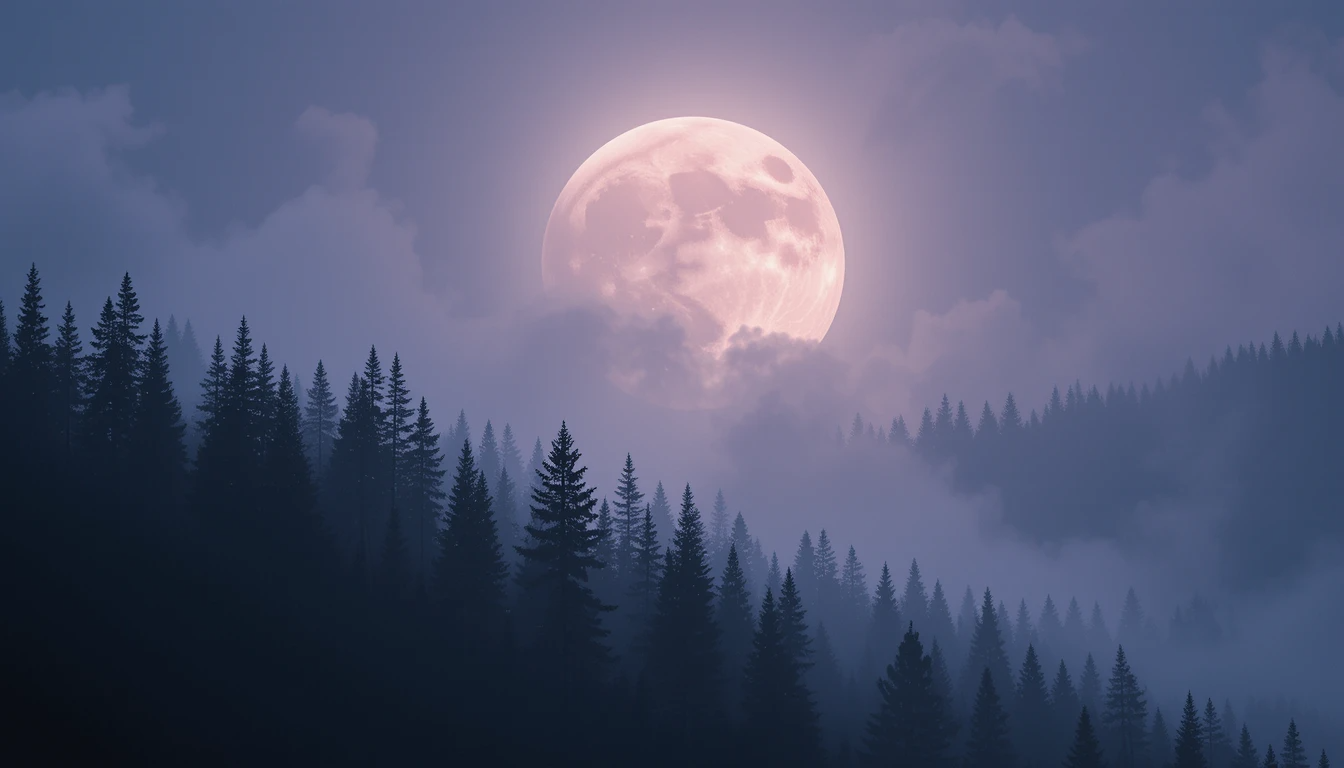 Mystical Full Moon Over Foggy Forest - Black and White Nature Wall Art Print