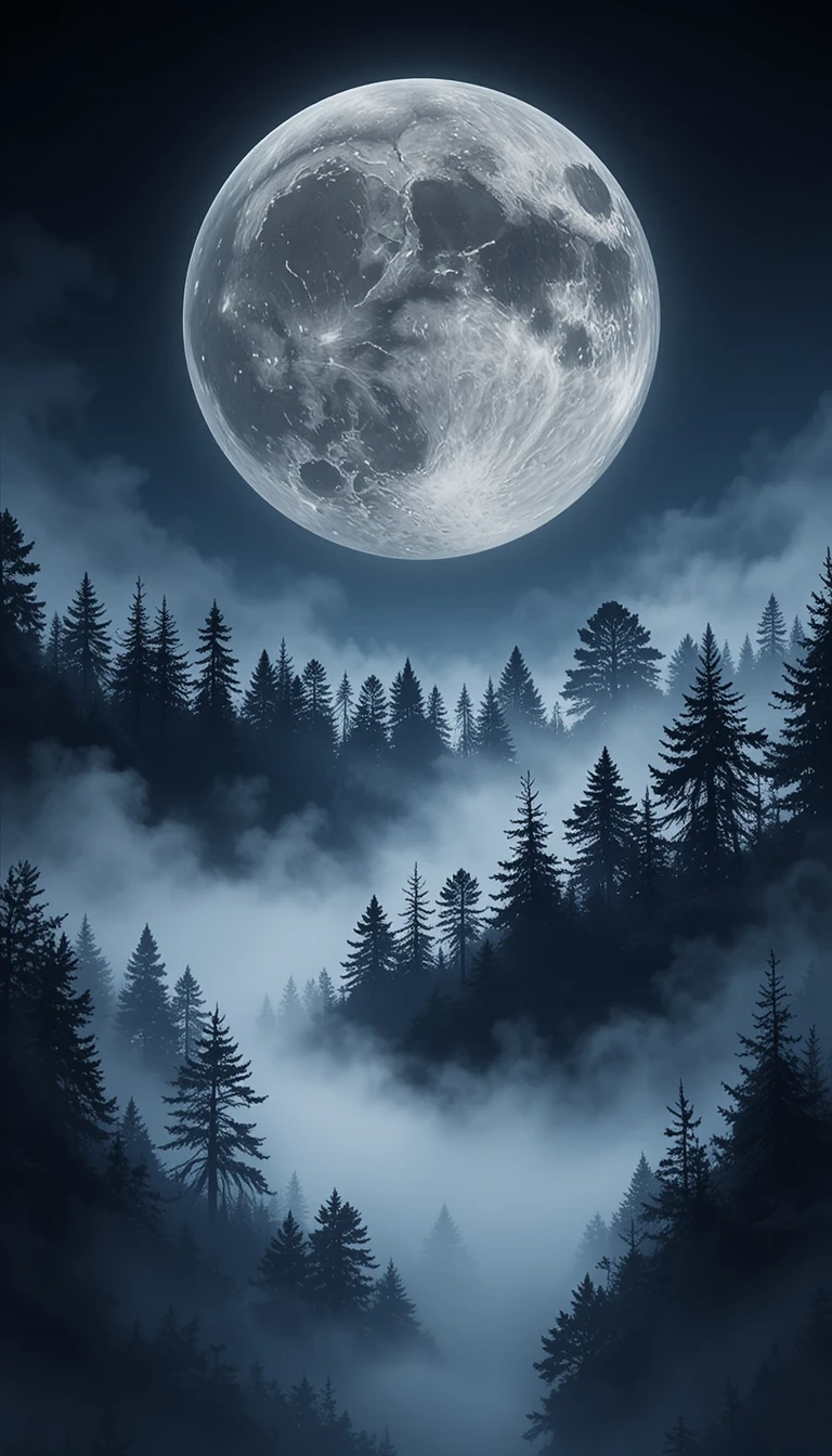 Mystical Full Moon Over Foggy Forest - Black and White Nature Wall Art Print