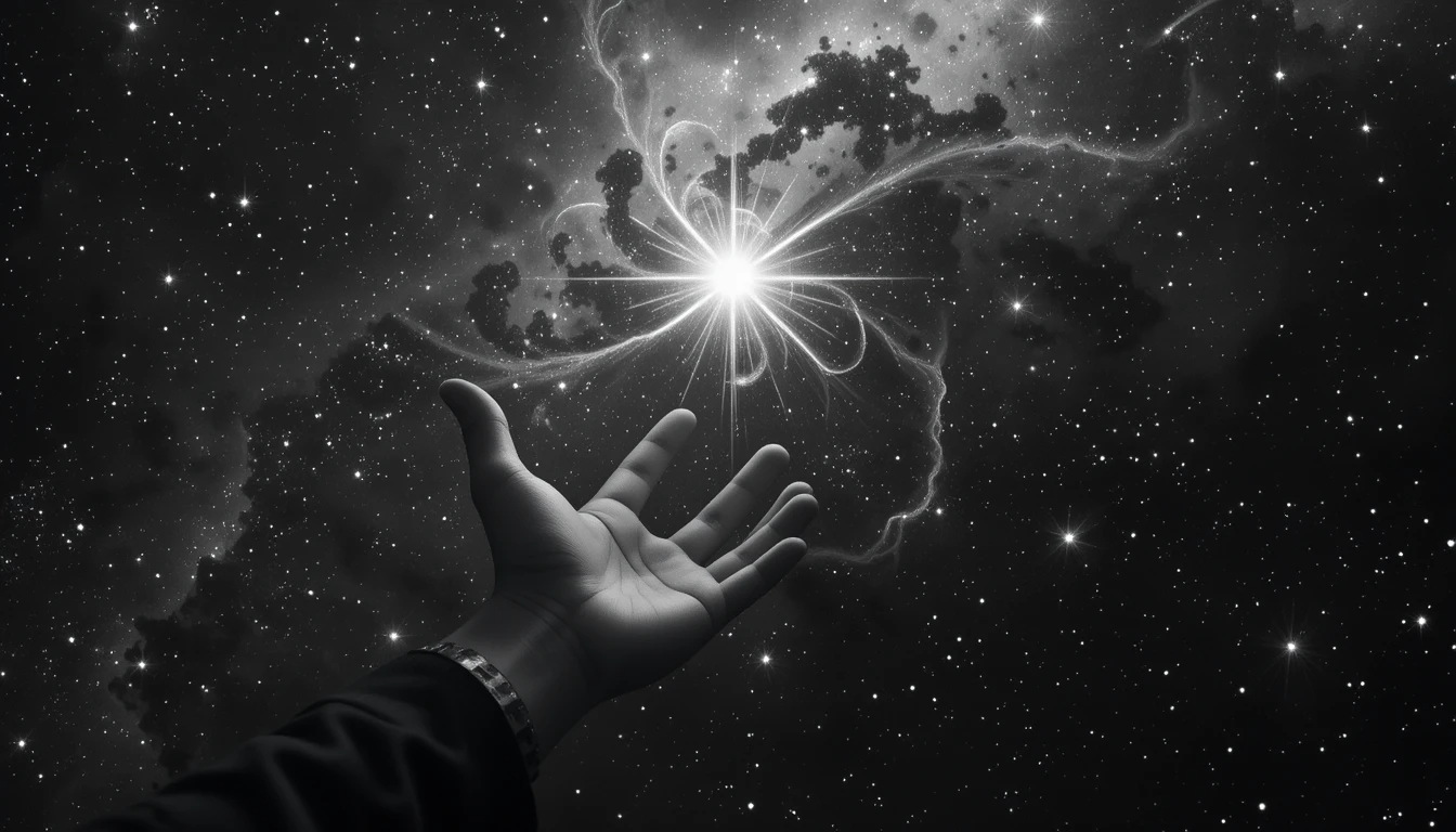 Hand Reaching for Cosmic Light - Surreal Black and White Spiritual Wall Art Print