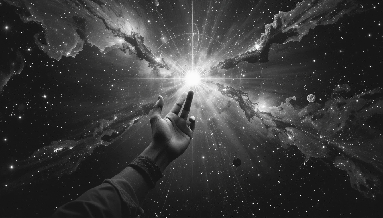 Hand Reaching for Cosmic Light - Surreal Black and White Spiritual Wall Art Print
