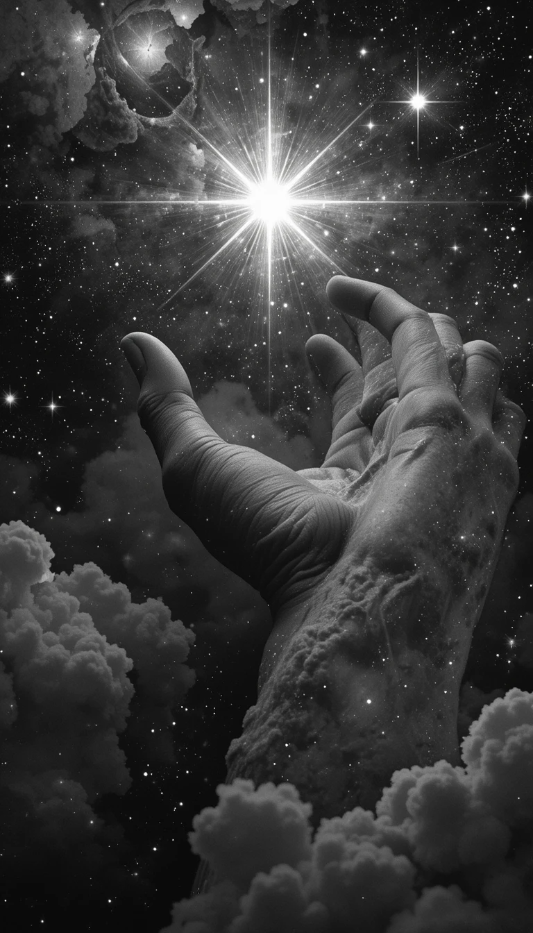 Hand Reaching for Cosmic Light - Surreal Black and White Spiritual Wall Art Print