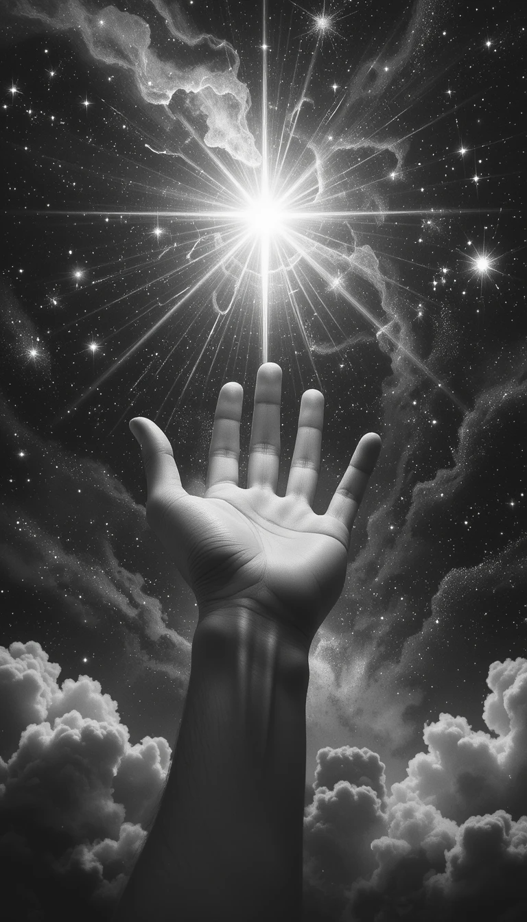 Hand Reaching for Cosmic Light - Surreal Black and White Spiritual Wall Art Print