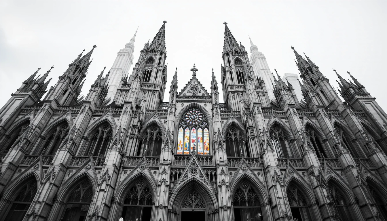 Gothic Cathedral Spires with Stained Glass - Dramatic Black and White Architecture Print