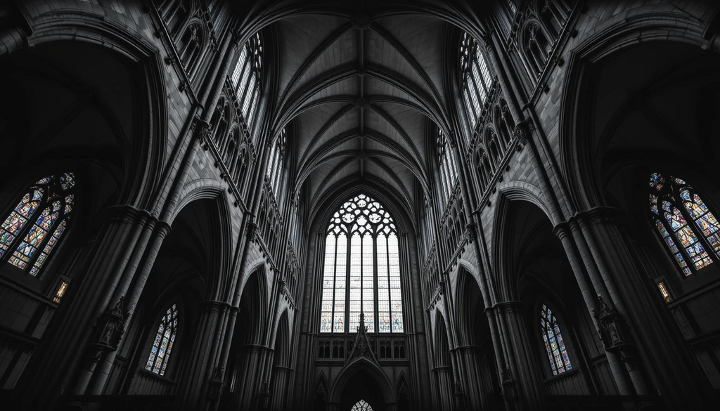 Gothic Cathedral Spires with Stained Glass - Dramatic Black and White Architecture Print
