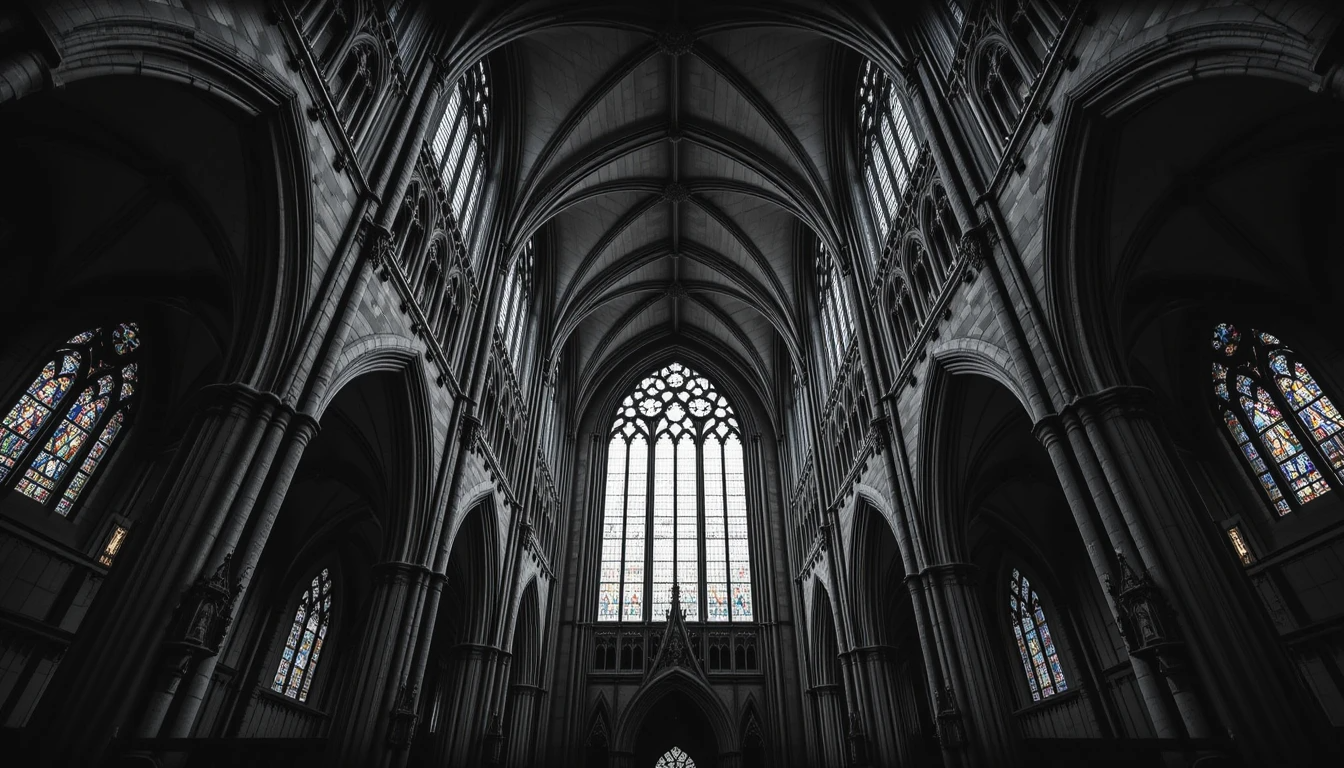 Gothic Cathedral Spires with Stained Glass - Dramatic Black and White Architecture Print