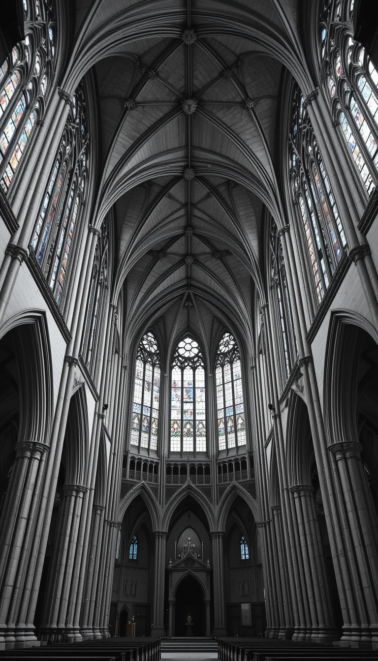 Gothic Cathedral Spires with Stained Glass - Dramatic Black and White Architecture Print