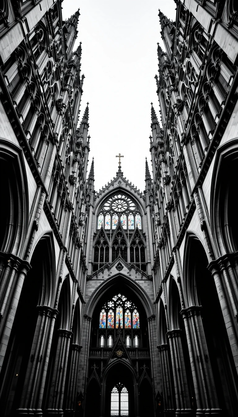 Gothic Cathedral Spires with Stained Glass - Dramatic Black and White Architecture Print