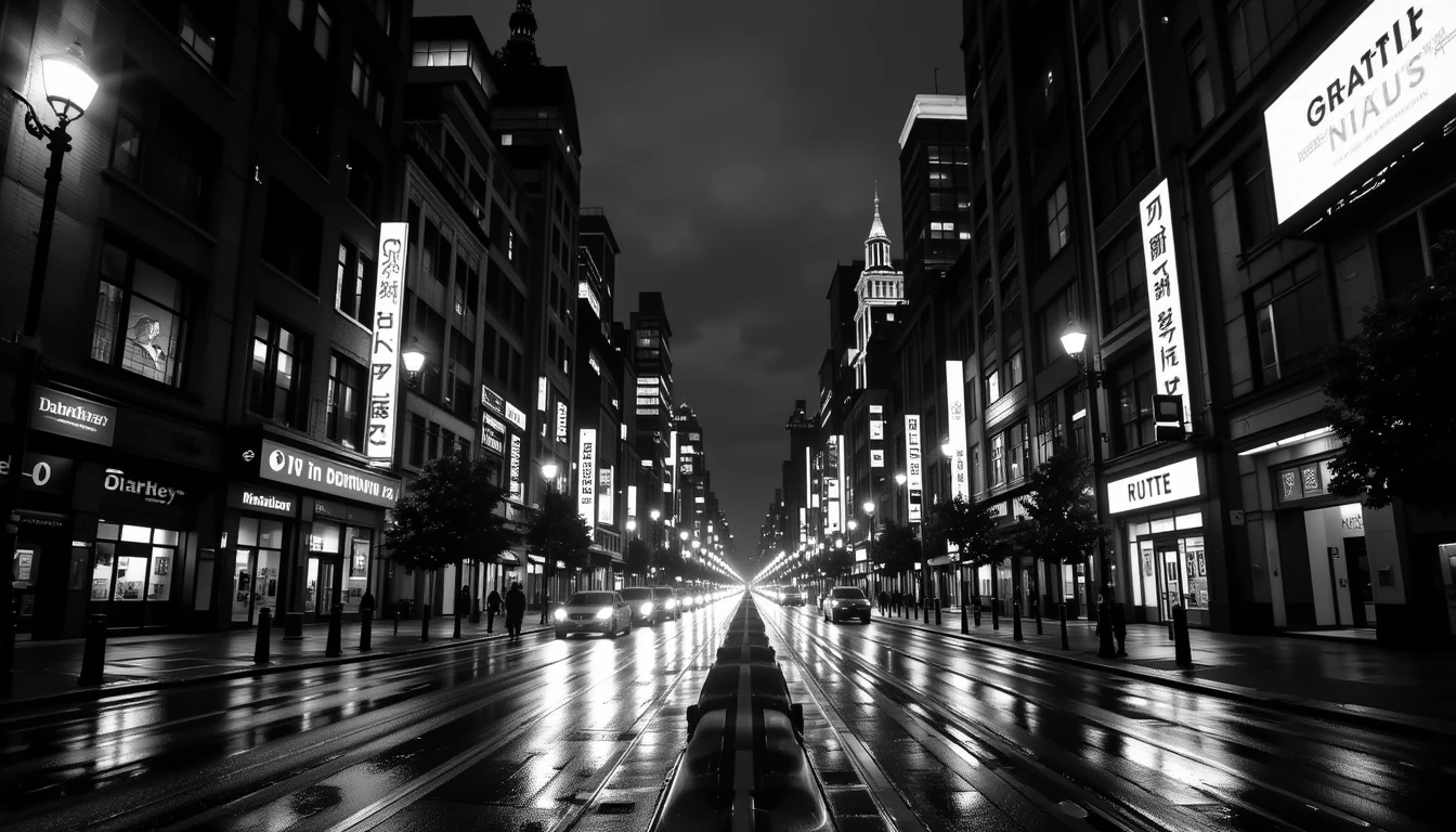 Rainy Night City Street in Monochrome - Noir Urban Photography Canvas Print