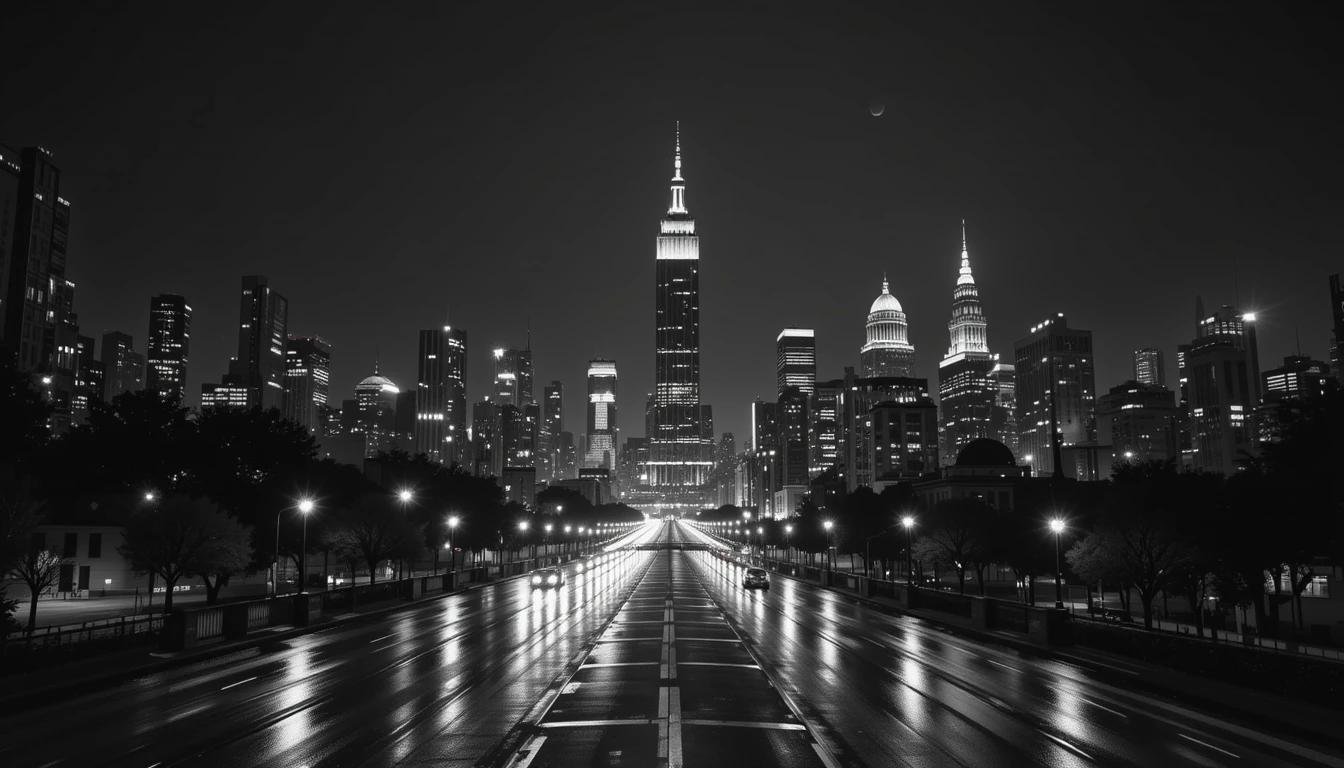 Rainy Night City Street in Monochrome - Noir Urban Photography Canvas Print
