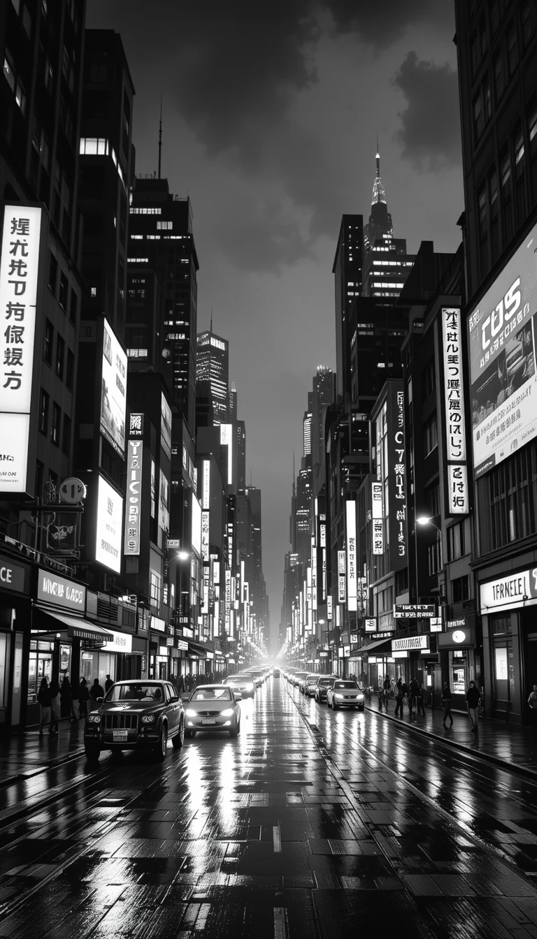 Rainy Night City Street in Monochrome - Noir Urban Photography Canvas Print