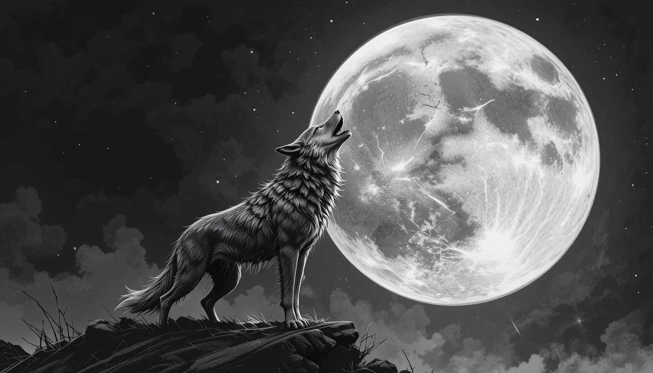 Wolf howling at full moon