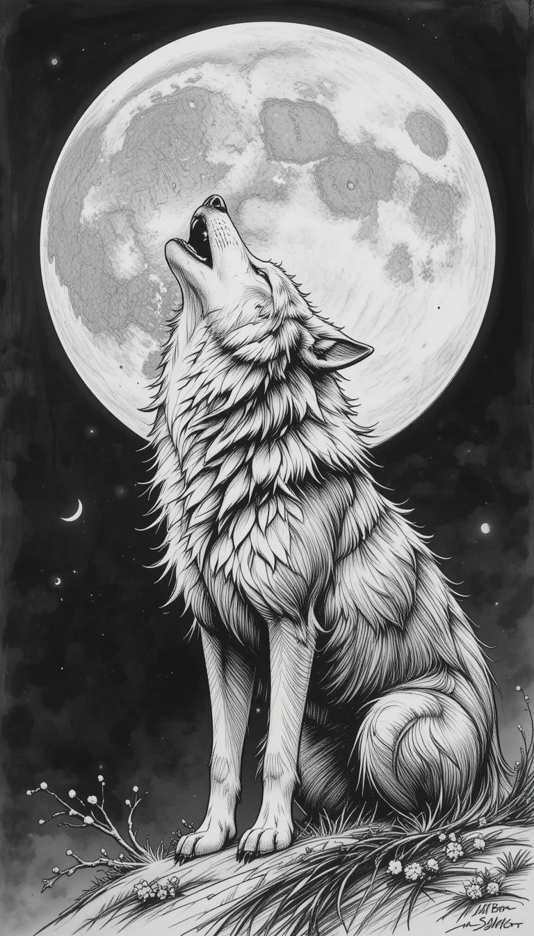 Wolf howling at full moon