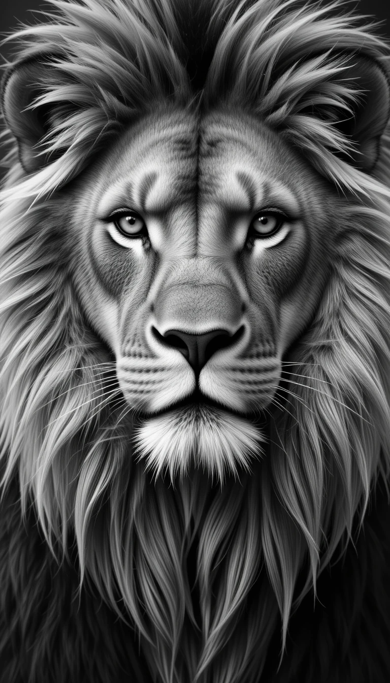 Regal Lion Close-Up Portrait - Striking Black and White Big Cat Wall Art