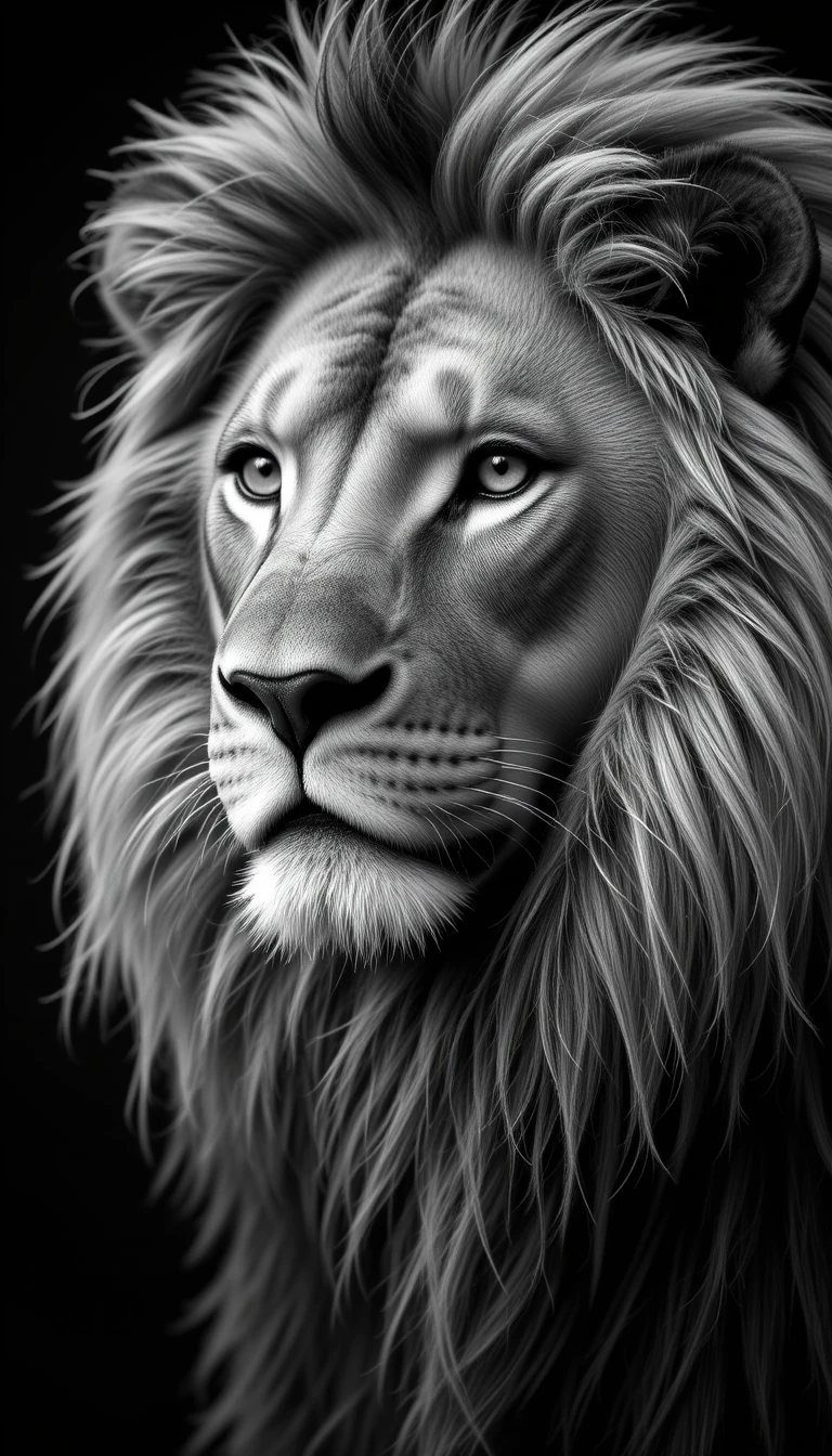 Regal Lion Close-Up Portrait - Striking Black and White Big Cat Wall Art