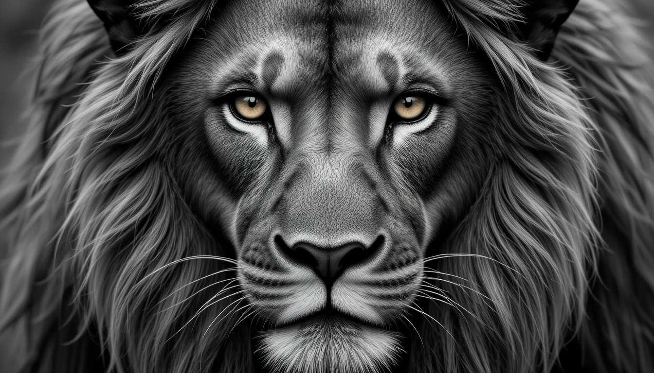 Regal Lion Close-Up Portrait - Striking Black and White Big Cat Wall Art