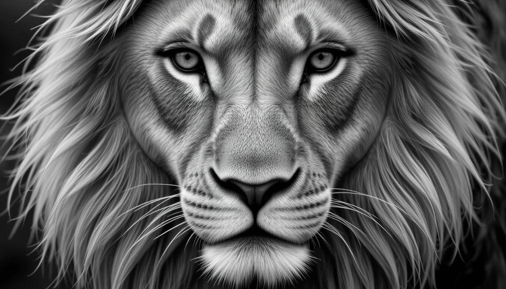 Regal Lion Close-Up Portrait - Striking Black and White Big Cat Wall Art