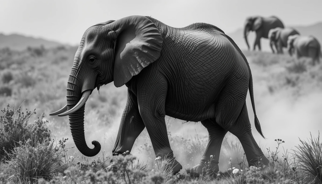 Majestic African Elephant Walking in Dust - Classic Black and White Safari Photography Print