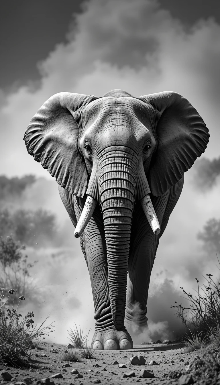 Majestic African Elephant Walking in Dust - Classic Black and White Safari Photography Print