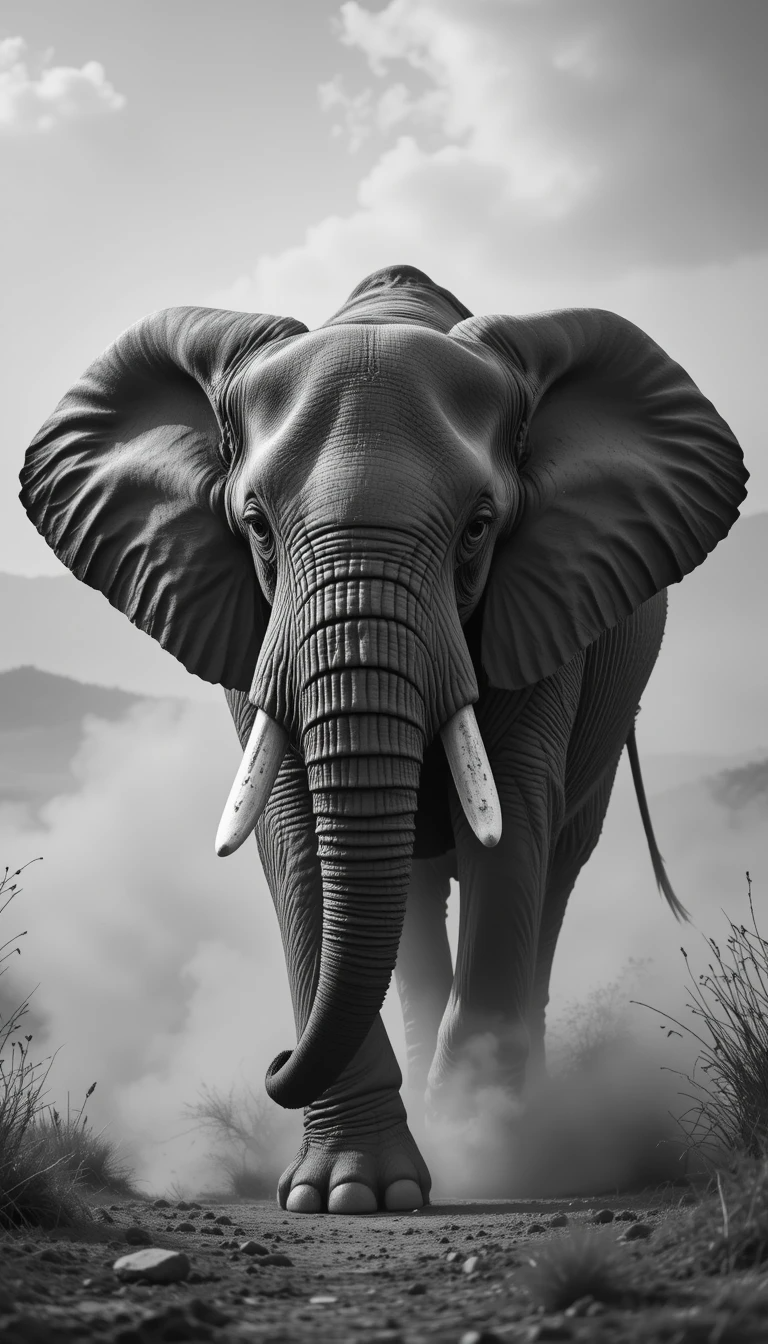 Majestic African Elephant Walking in Dust - Classic Black and White Safari Photography Print