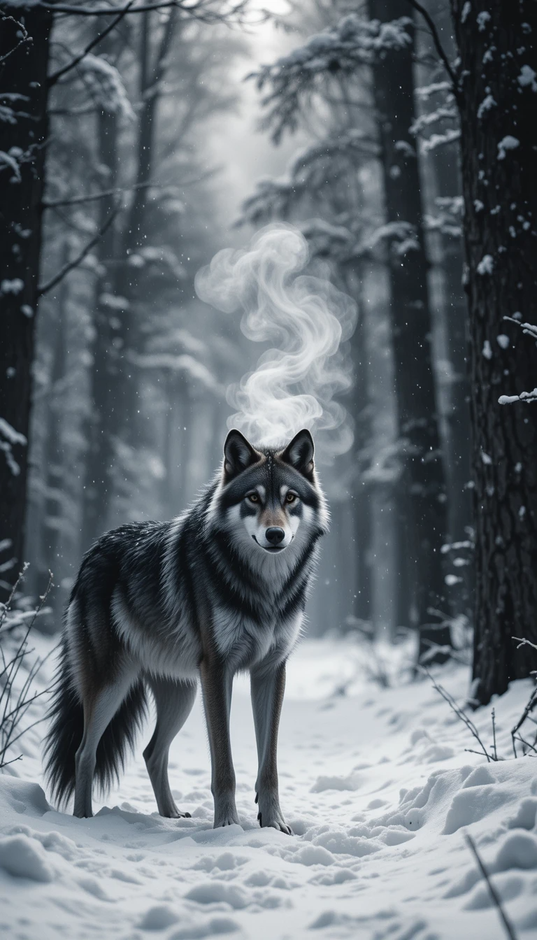 Lone Wolf in Snowy Forest with Breath - Mystical Black and White Wildlife Wall Art