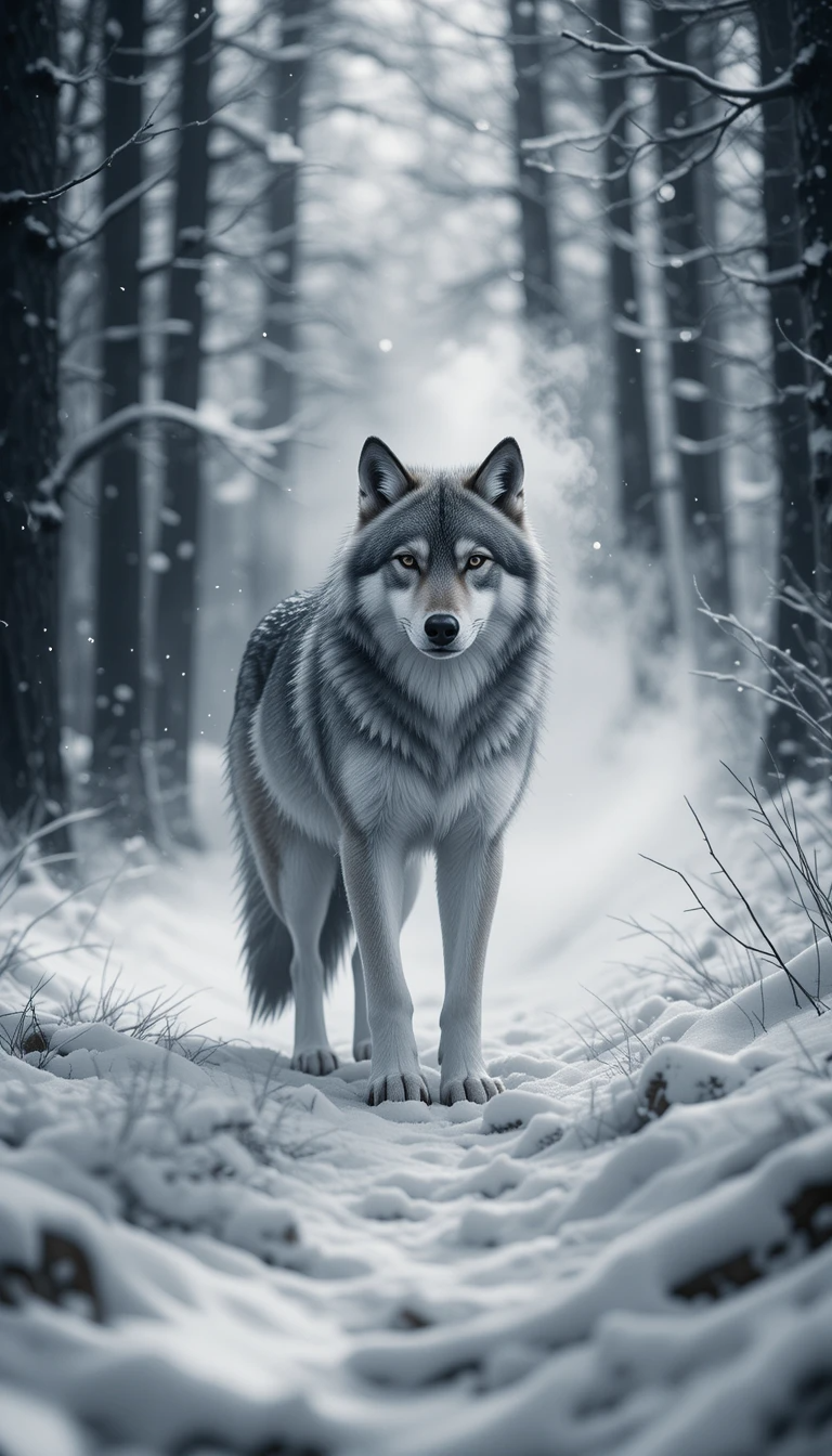 Lone Wolf in Snowy Forest with Breath - Mystical Black and White Wildlife Wall Art
