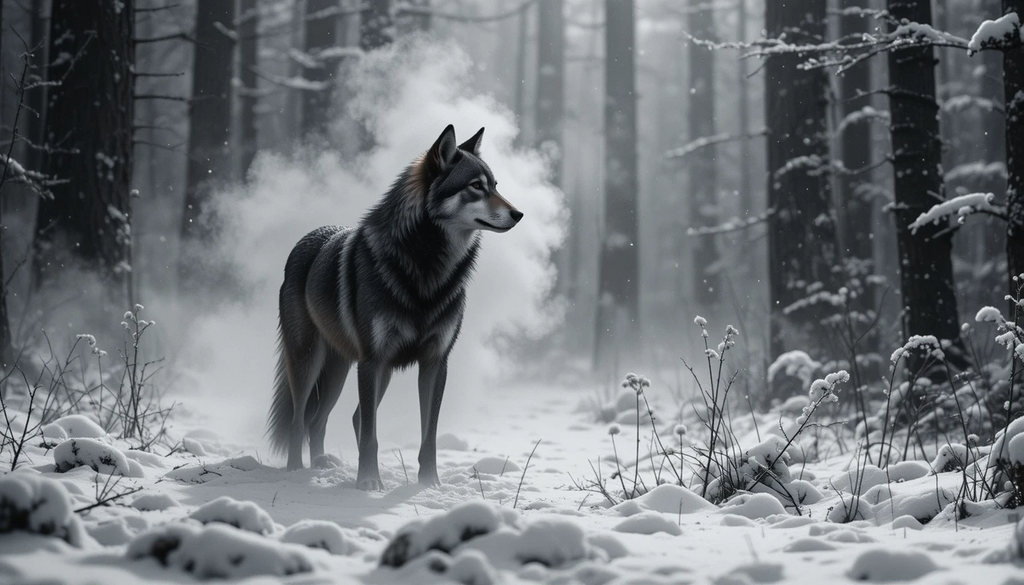 Lone Wolf in Snowy Forest with Breath - Mystical Black and White Wildlife Wall Art