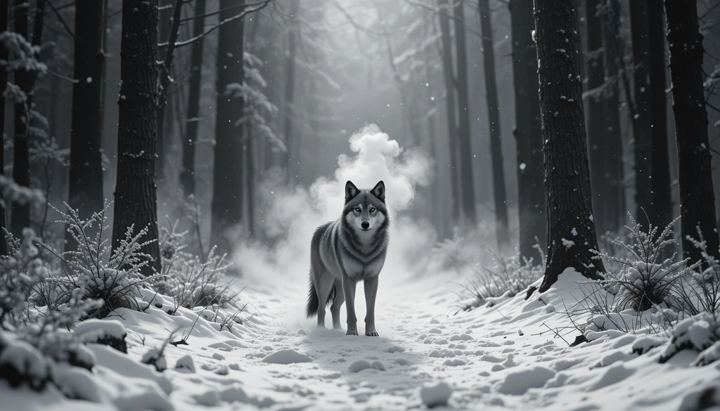 Lone Wolf in Snowy Forest with Breath - Mystical Black and White Wildlife Wall Art