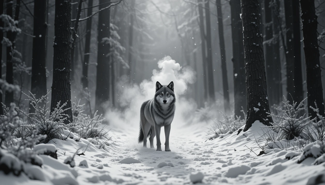 Lone Wolf in Snowy Forest with Breath - Mystical Black and White Wildlife Wall Art