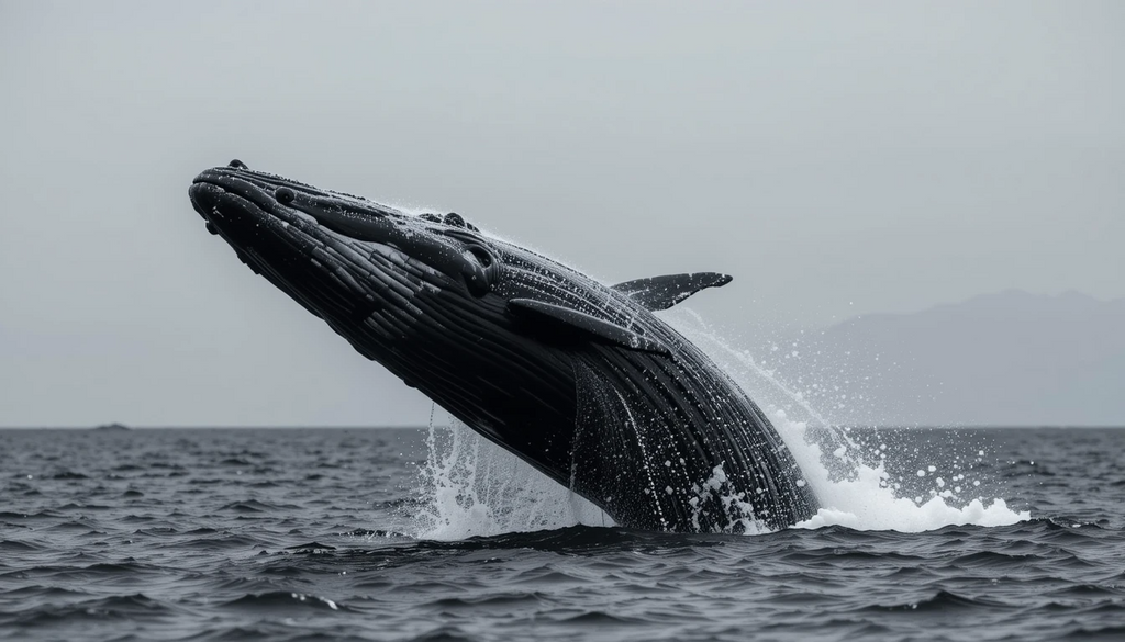 Breaching Humpback Whale - Powerful Black and White Marine Wildlife Wall Ar