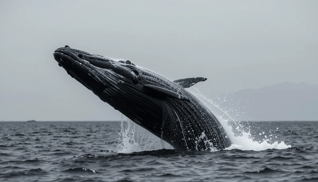 Breaching Humpback Whale - Powerful Black and White Marine Wildlife Wall Ar