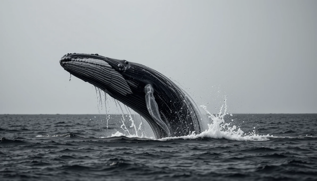 Breaching Humpback Whale - Powerful Black and White Marine Wildlife Wall Ar
