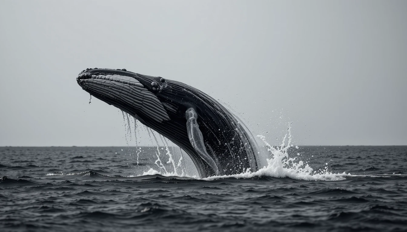 Breaching Humpback Whale - Powerful Black and White Marine Wildlife Wall Ar