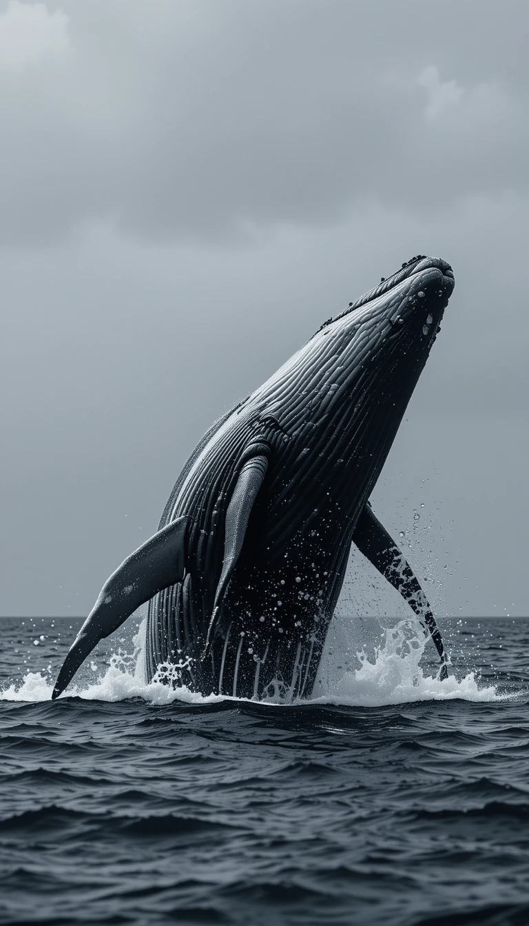 Breaching Humpback Whale - Powerful Black and White Marine Wildlife Wall Ar