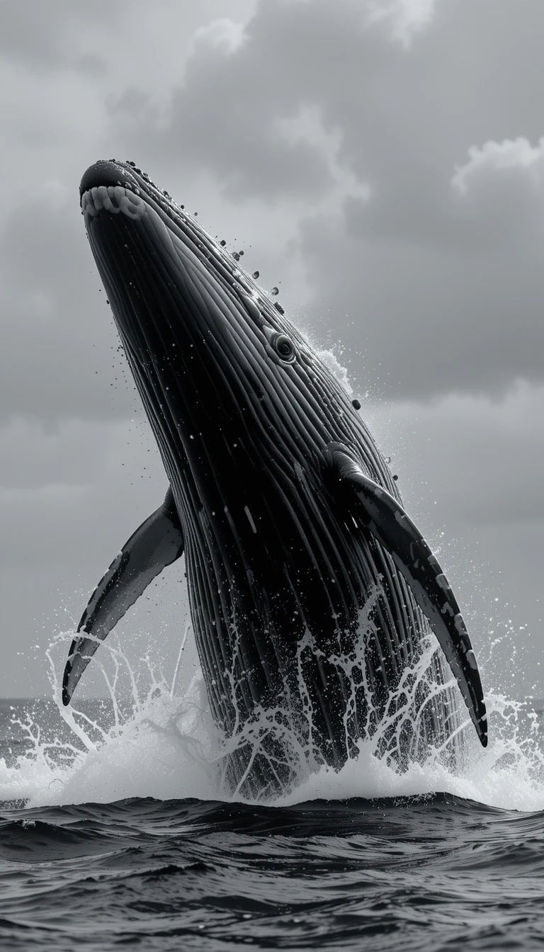 Breaching Humpback Whale - Powerful Black and White Marine Wildlife Wall Ar