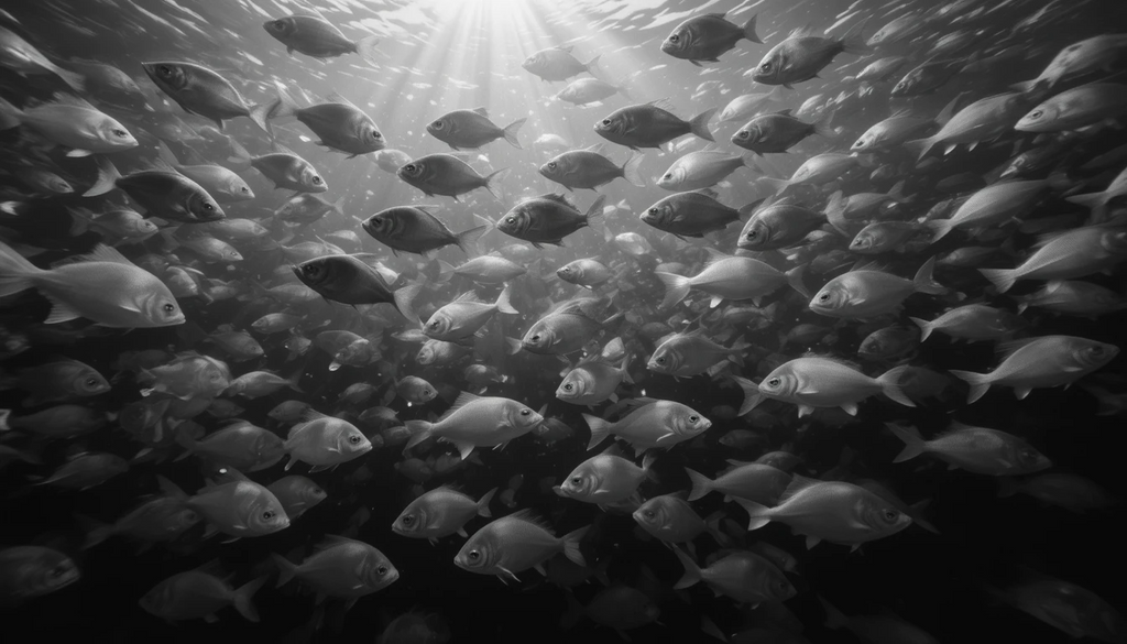 Underwater School of Fish with Sun Rays - Ethereal Black and White Ocean Photography Print