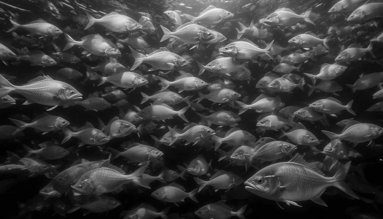 Underwater School of Fish with Sun Rays - Ethereal Black and White Ocean Photography Print