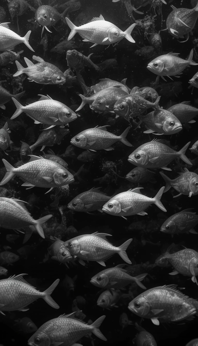 Underwater School of Fish with Sun Rays - Ethereal Black and White Ocean Photography Print