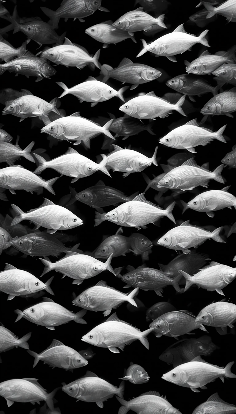 Underwater School of Fish with Sun Rays - Ethereal Black and White Ocean Photography Print