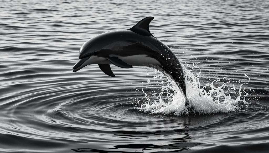 Leaping Dolphin Mid-Air - Joyful Black and White Marine Mammal Photography Print
