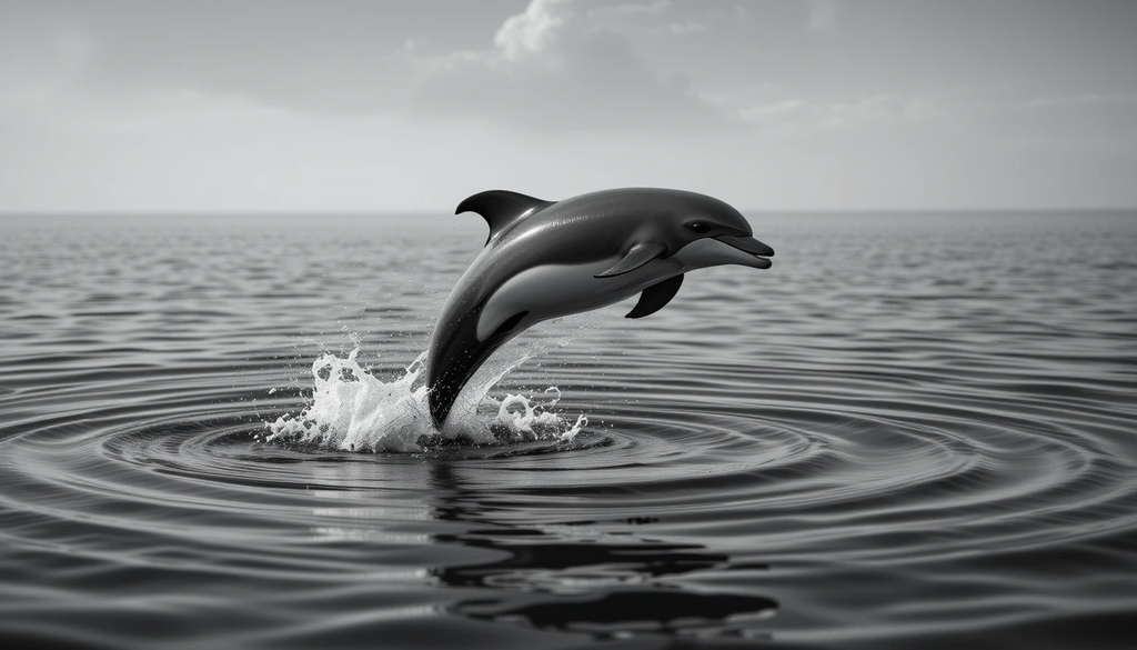 Leaping Dolphin Mid-Air - Joyful Black and White Marine Mammal Photography Print
