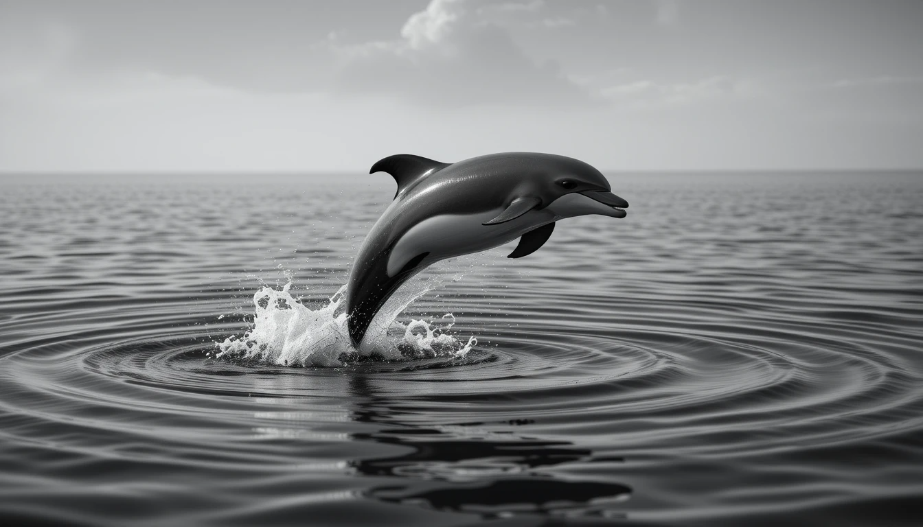 Leaping Dolphin Mid-Air - Joyful Black and White Marine Mammal Photography Print