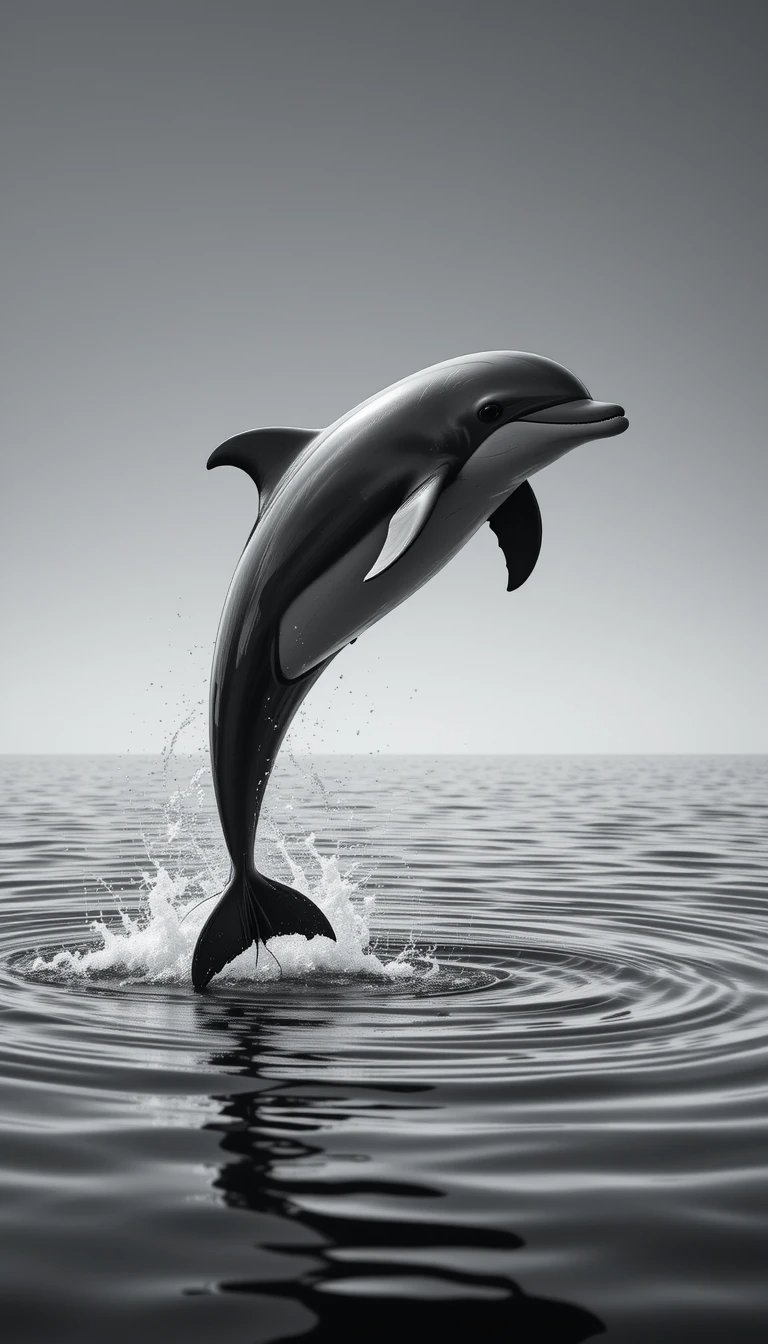 Leaping Dolphin Mid-Air - Joyful Black and White Marine Mammal Photography Print