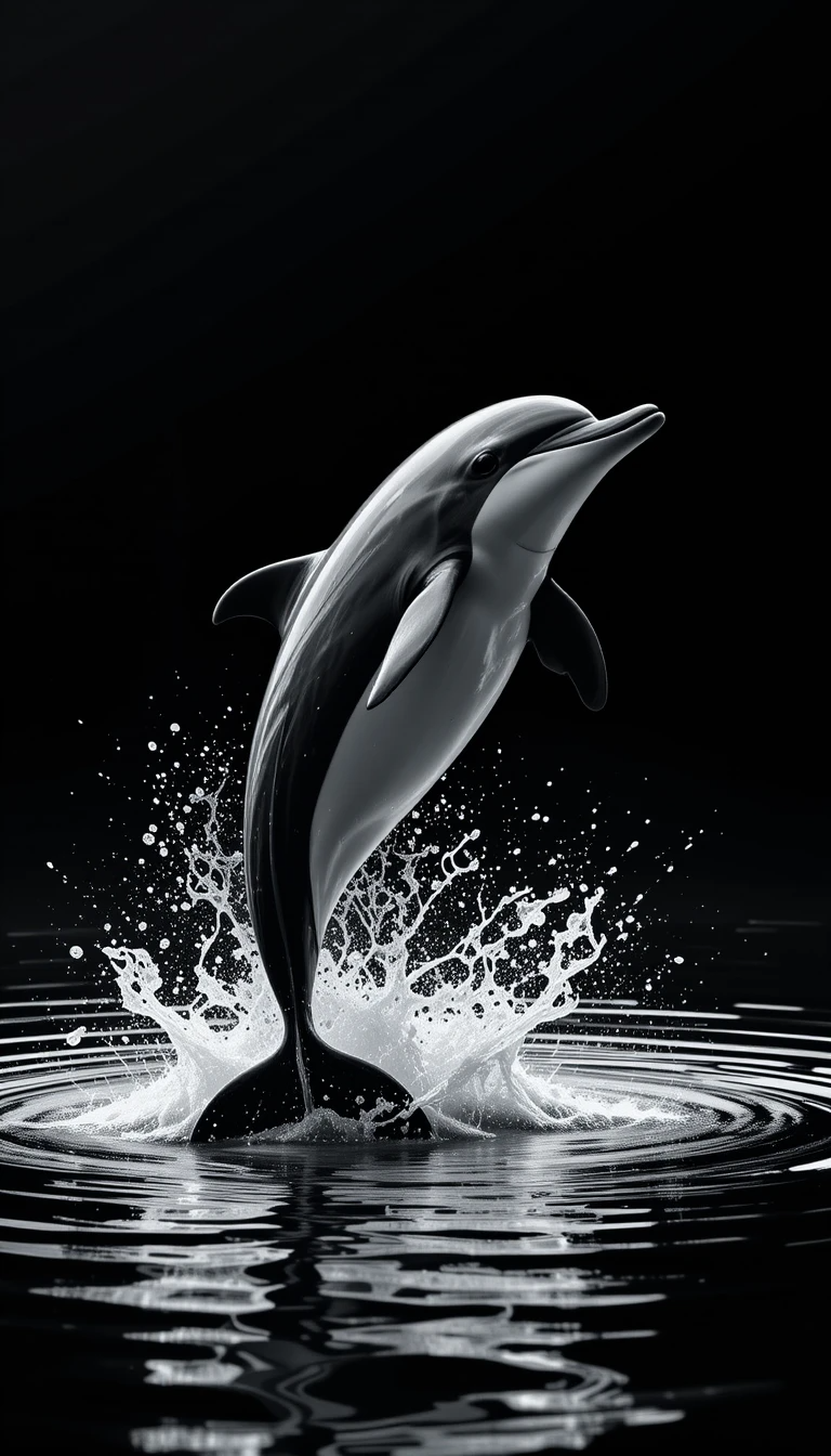 Leaping Dolphin Mid-Air - Joyful Black and White Marine Mammal Photography Print