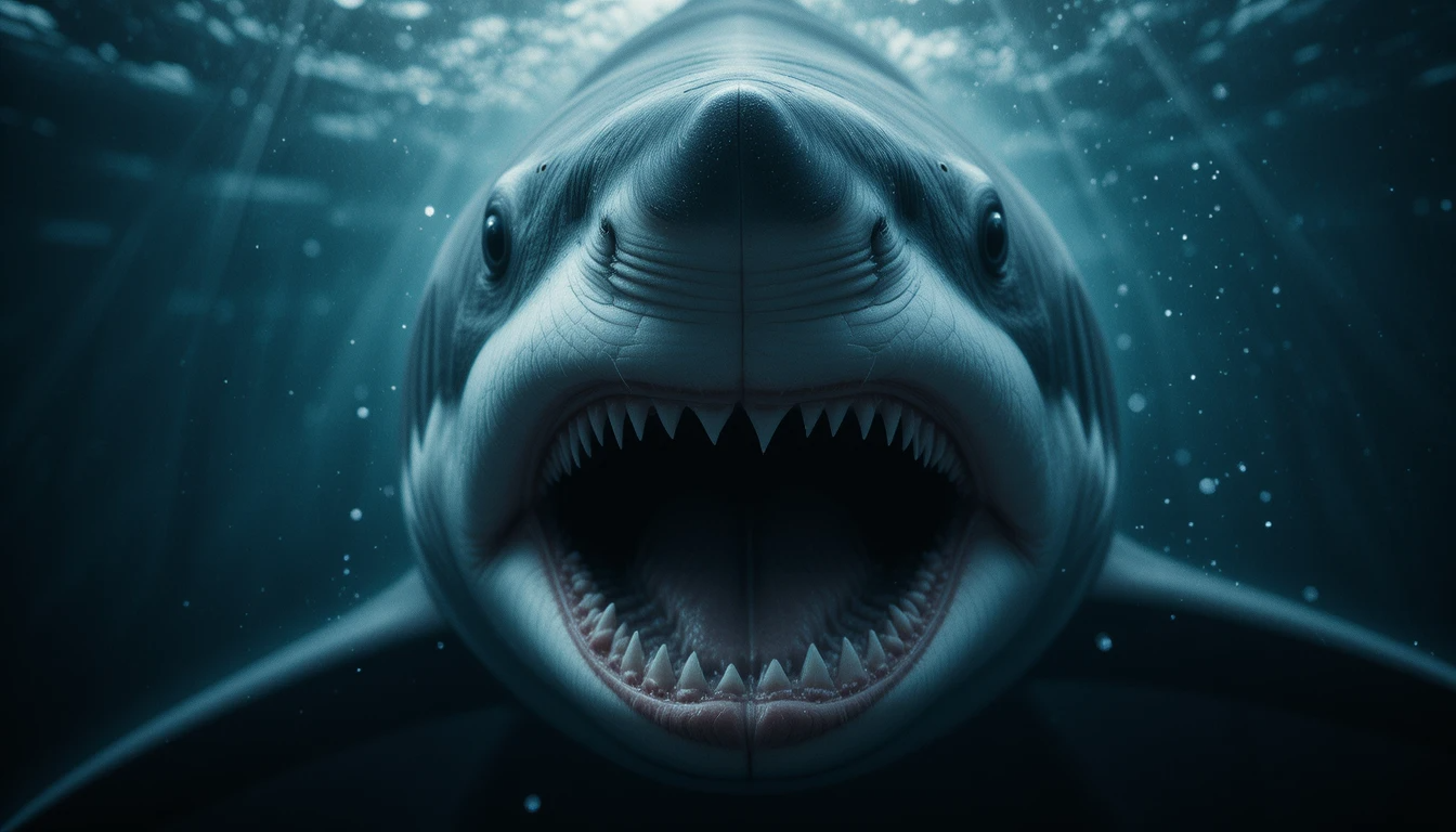 Menacing Great White Shark Open Mouth - Intense Black and White Underwater Photography